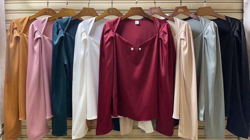 Satin Sweetheart Neckline Long Sleeves Tops